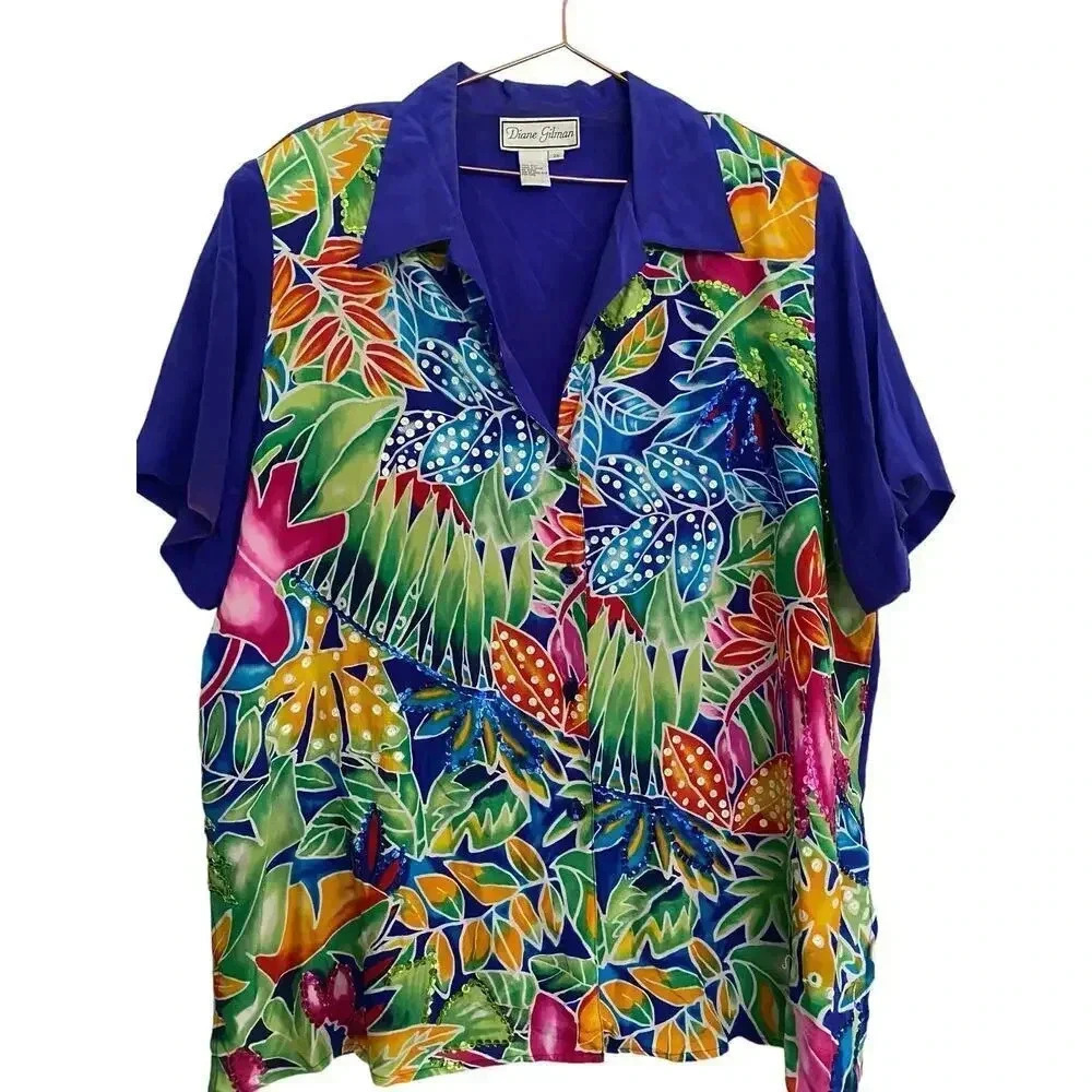 Diane Gilman 100% Silk Floral Design Sequins Blouse Size 2x paradise